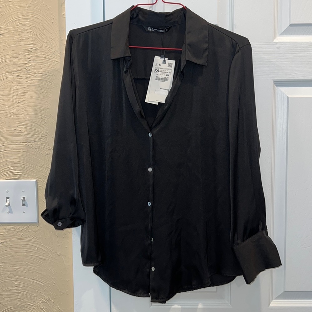 Black satin button down shirt new with tags